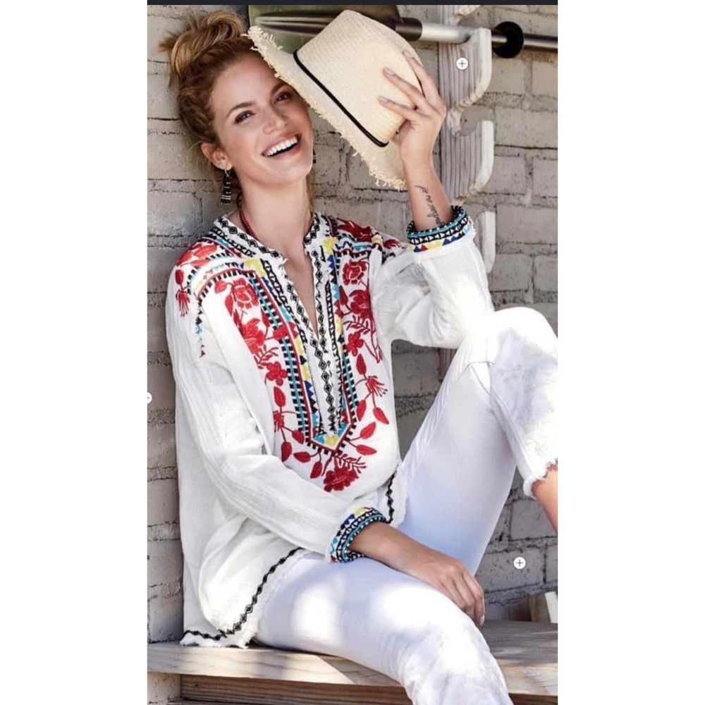 Johnny Was Belvedere Embroidered Gauze Tunic Boho Blouse White M